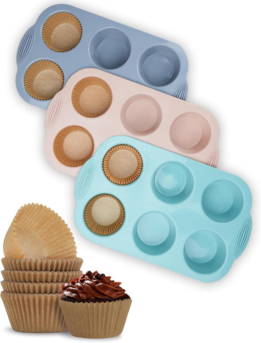 Bake Choice Silicon Muffin Pan-3-pack includes 100 Natural Cupcake Liners, 6-cavity Regular Size, BPA Free, Egg Bite & Muffin Molds for Baking — main product image