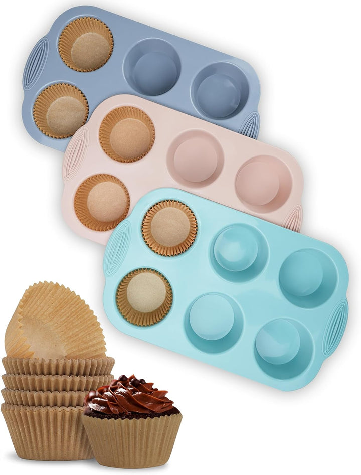 Bake Choice Silicon Muffin Pan-3-pack includes 100 Natural Cupcake Liners, 6-cavity Regular Size, BPA Free, Egg Bite & Muffin Molds for Baking — main product image