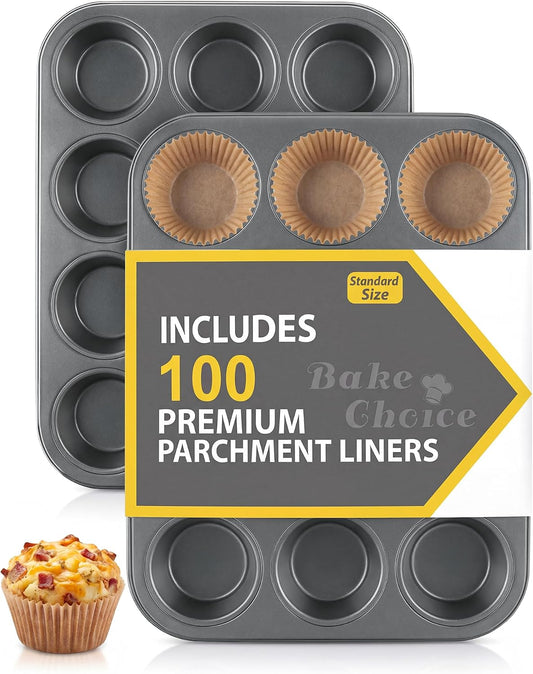 Bake Choice 2 Muffin Pan for Baking, Standard Cupcake Pan with 100 Liners — product details