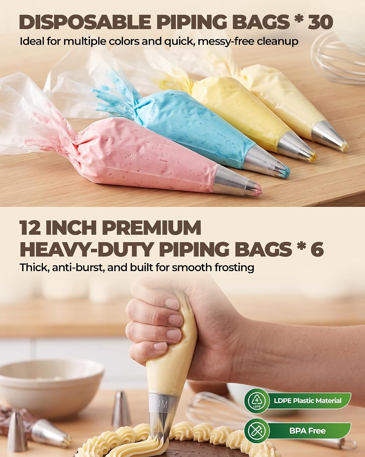 Bake Choice 44 Pcs Large Piping Tips and Bags Set, Seamless Stainless Steel — product details