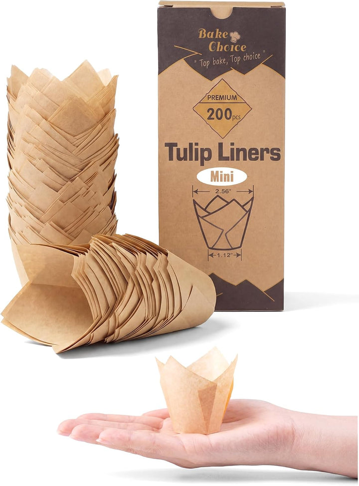 Bake Choice 200pcs Natural Mini Tulip Cupcake Liners for Baking, Unbleached — main product image