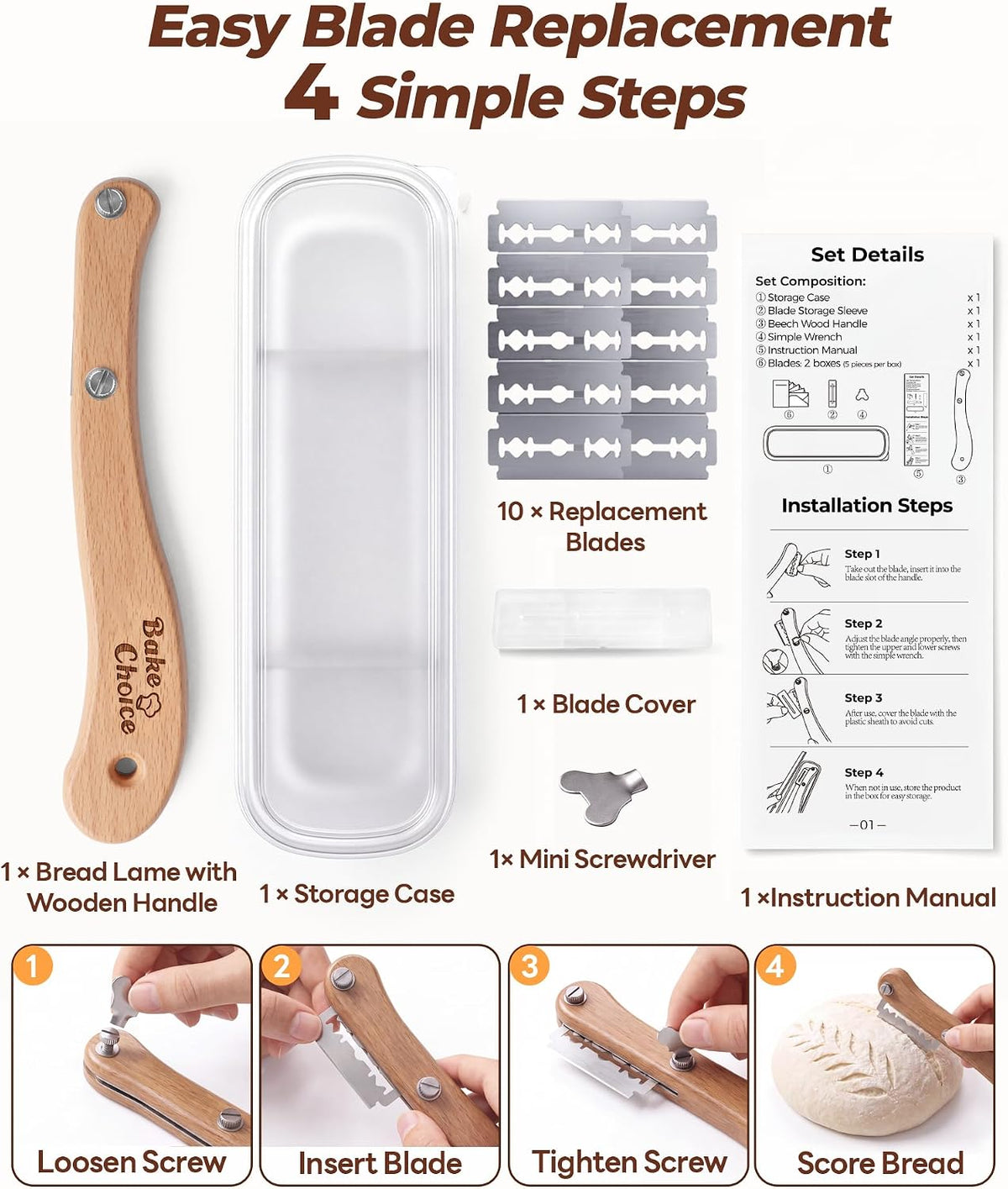 Bake Choice Bread Lame, Sourdough Scoring Tool with Ergonomic Wooden Handle — product details