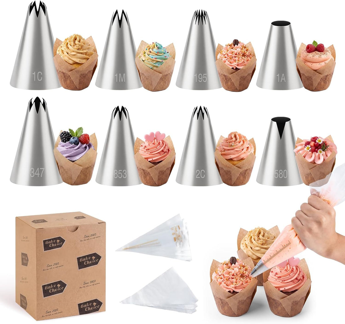 Bake Choice 44 Pcs Large Piping Tips and Bags Set, Seamless Stainless Steel — main product image