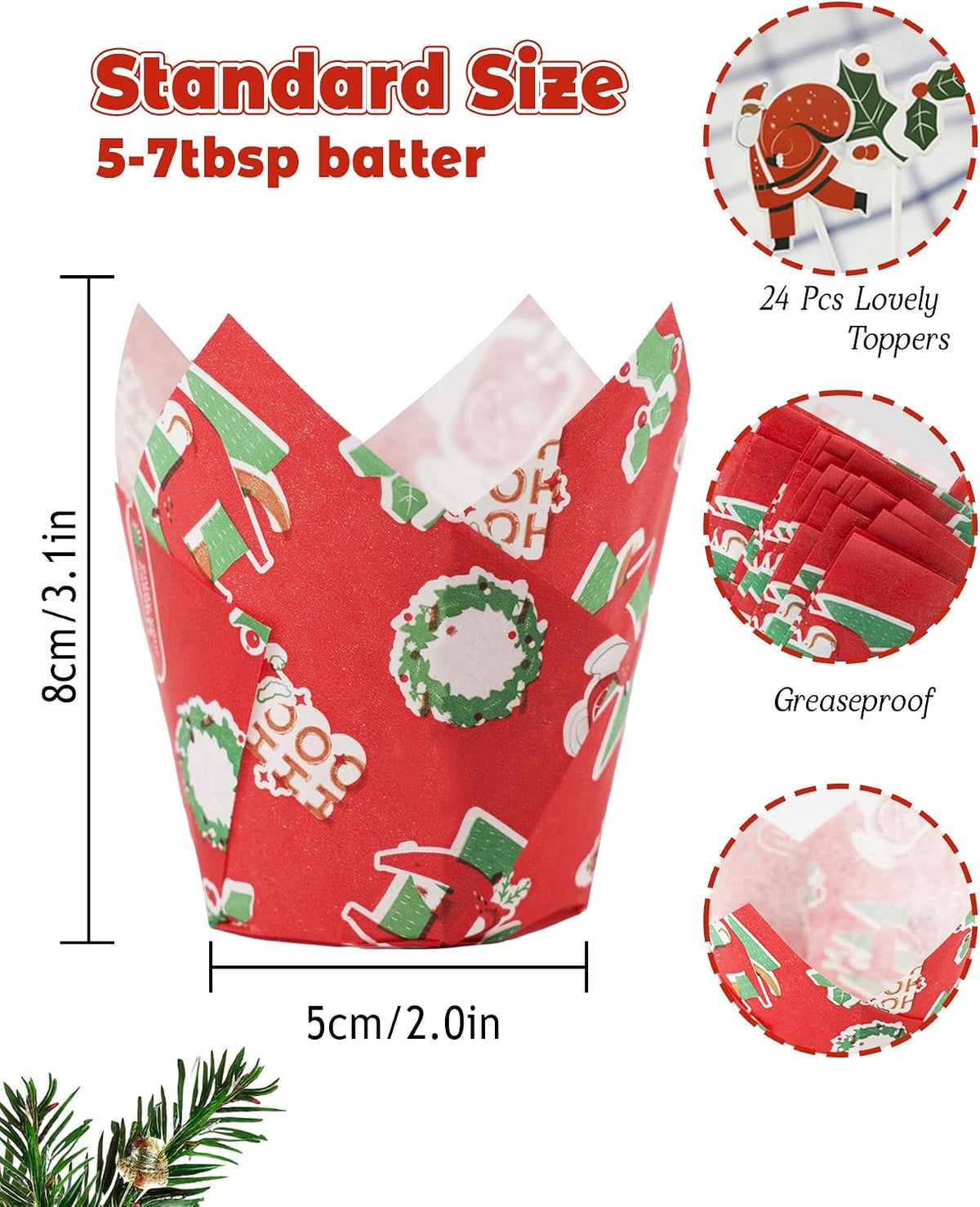 Bake Choice 200 Pcs Christmas Tulip Cupcake Liners with 24 Pcs Cupcake Toppers, Cupcake Liners, Tulip Cupcake Liners for Baking, Standard Tulip Muffin Liners for Christmas Holiday — product details