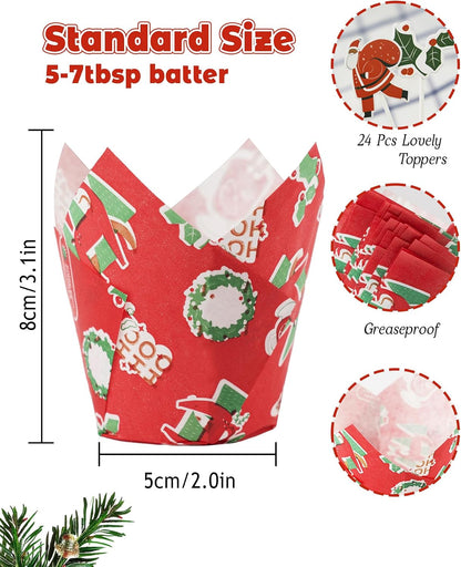 Bake Choice 200 Pcs Christmas Tulip Cupcake Liners with 24 Pcs Cupcake Toppers, Cupcake Liners, Tulip Cupcake Liners for Baking, Standard Tulip Muffin Liners for Christmas Holiday — product details