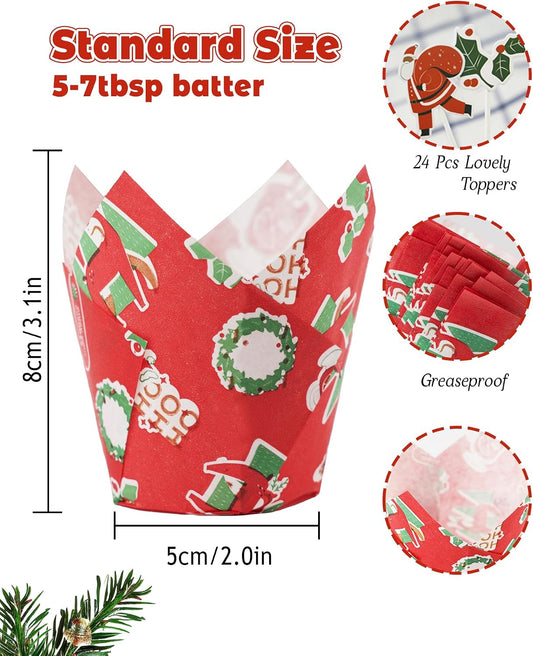 Bake Choice 200 Pcs Christmas Tulip Cupcake Liners with 24 Pcs Cupcake Toppers, Cupcake Liners, Tulip Cupcake Liners for Baking, Standard Tulip Muffin Liners for Christmas Holiday — product details