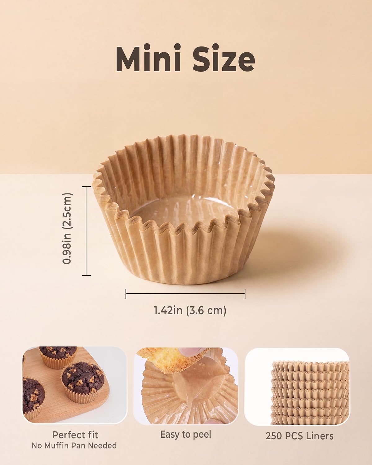 Bake Choice 250PCS Mini Cupcake Liners for Baking, Non-stick, Natural — product details