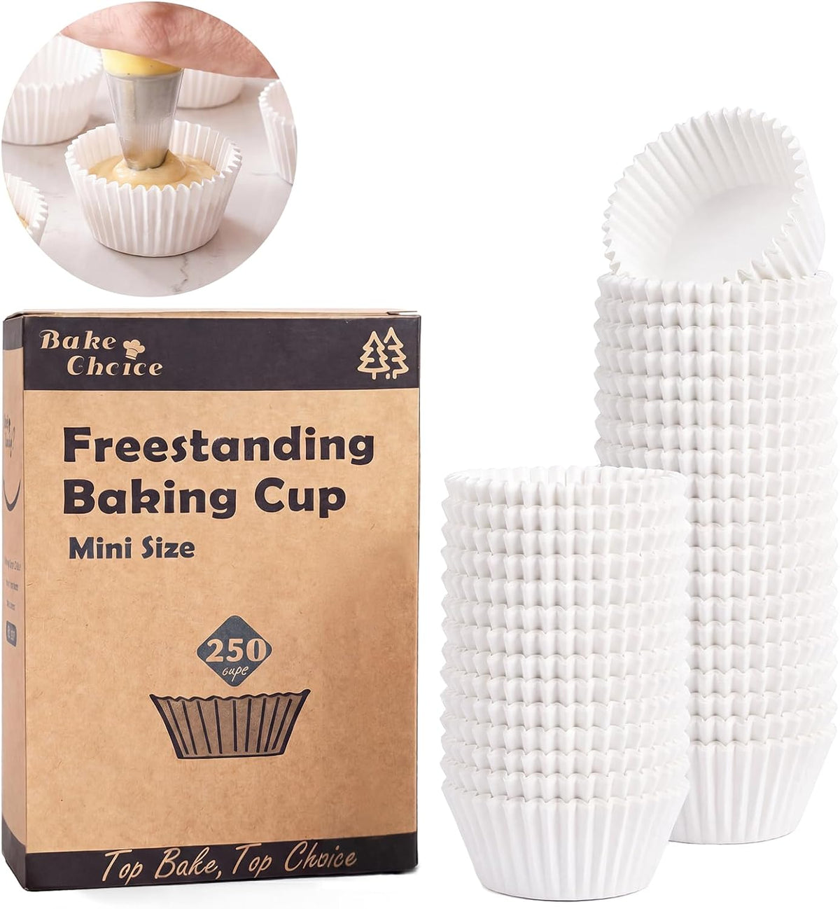 Bake Choice 250PCS Mini Cupcake Liners for Baking, Non-stick, White — main product image
