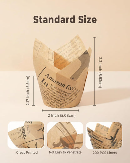 Bake Choice 200pc Standard Tulip Cupcake Liners for Baking, Newspaper Print — product details