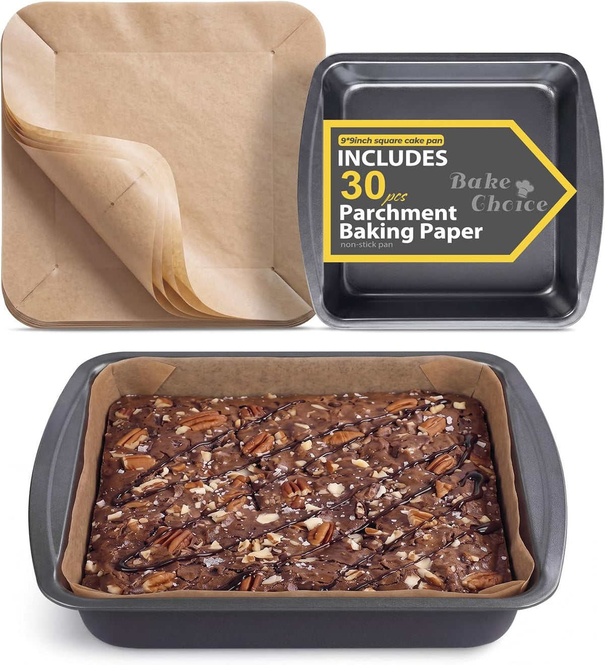 Bake Choice 9 x 9 Square Brownie Pan, Baking Pan with 30 Pcs Pre Cut Liners — main product image