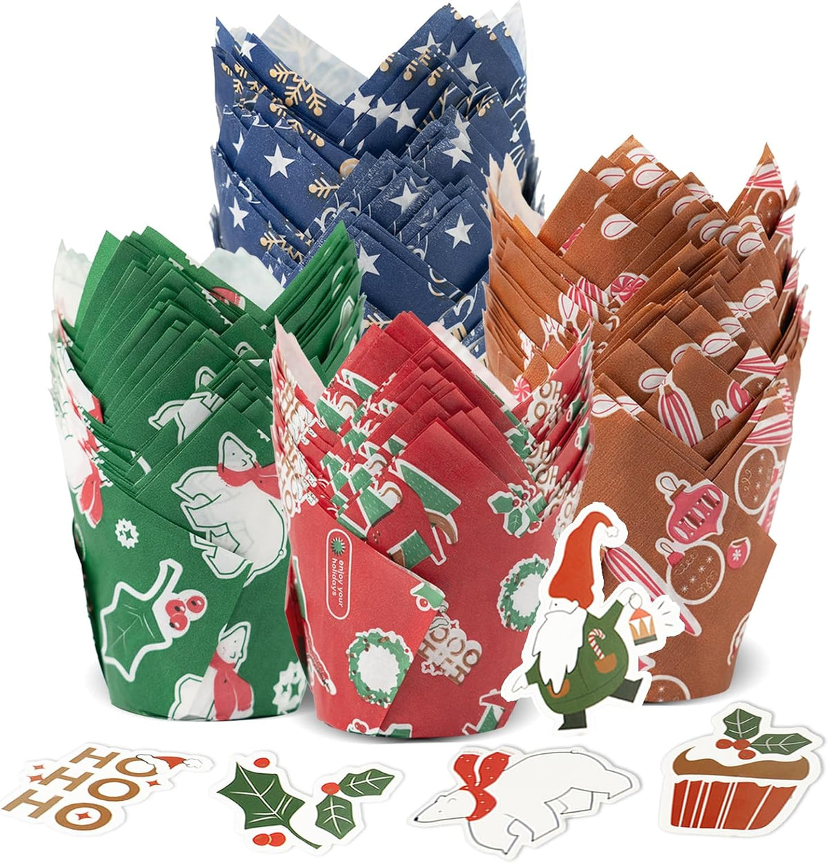 Bake Choice 200 Pcs Christmas Tulip Cupcake Liners with 24 Pcs Cupcake Toppers, Cupcake Liners, Tulip Cupcake Liners for Baking, Standard Tulip Muffin Liners for Christmas Holiday — main product image