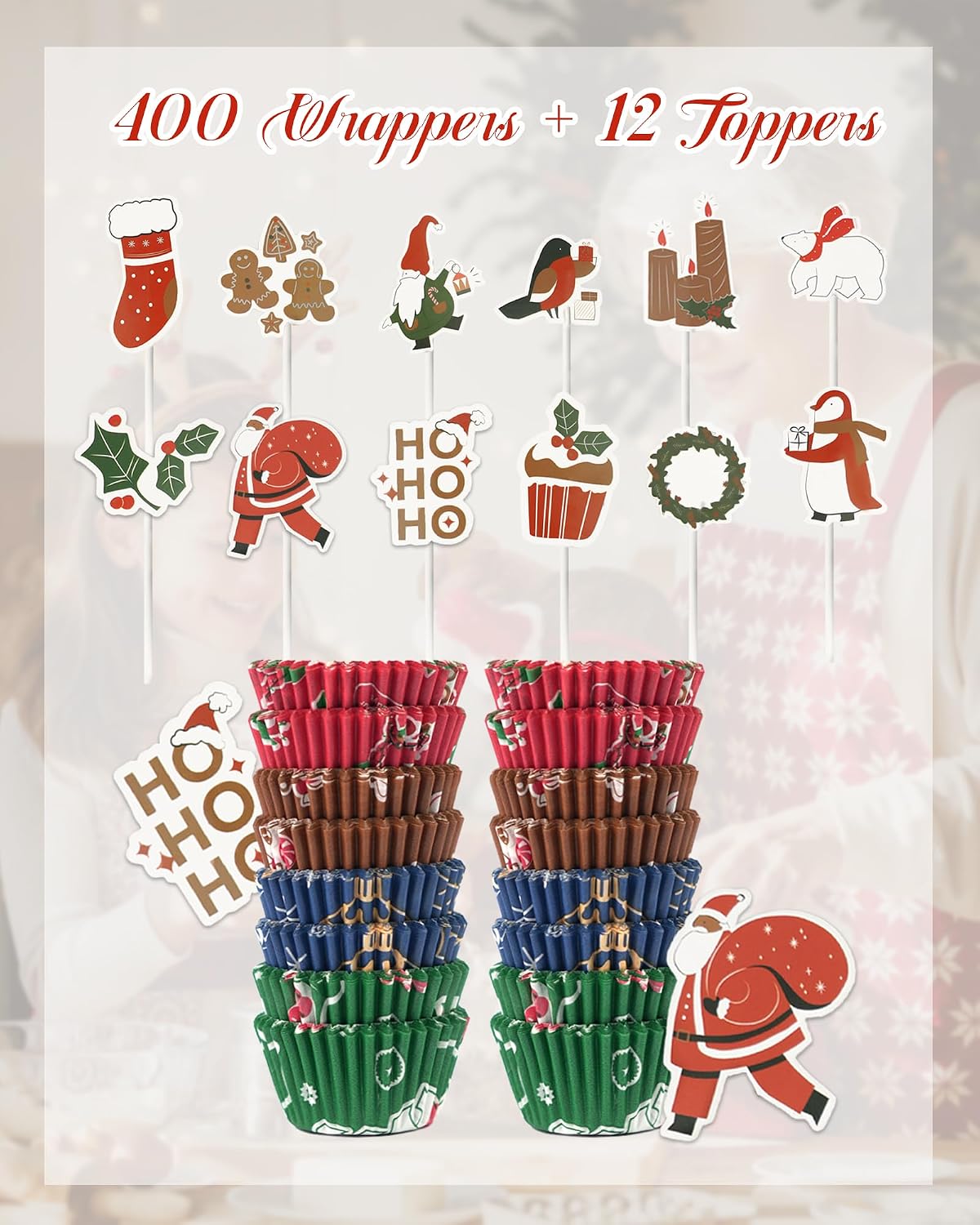 Bake Choice Christmas Mini Cupcake Liners with 12 Pcs Cupcake Toppers, 400 Pcs Muffin Liners, Cupcake Wrappers, Mini Cupcake Liners for Xmas Party, Christmas Holiday — product details