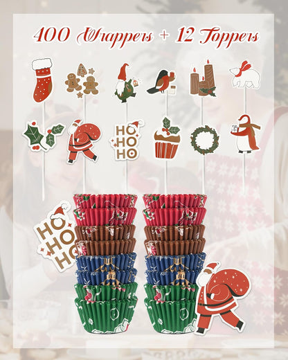 Bake Choice Christmas Mini Cupcake Liners with 12 Pcs Cupcake Toppers, 400 Pcs Muffin Liners, Cupcake Wrappers, Mini Cupcake Liners for Xmas Party, Christmas Holiday — product details