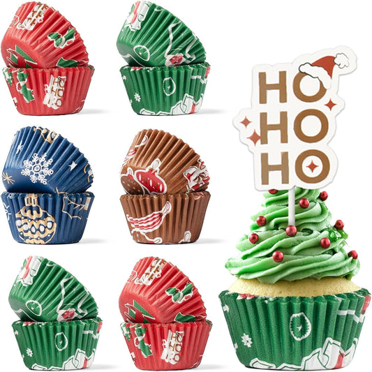 Bake Choice Christmas Mini Cupcake Liners with 12 Pcs Cupcake Toppers, 400 Pcs Muffin Liners, Cupcake Wrappers, Mini Cupcake Liners for Xmas Party, Christmas Holiday — main product image