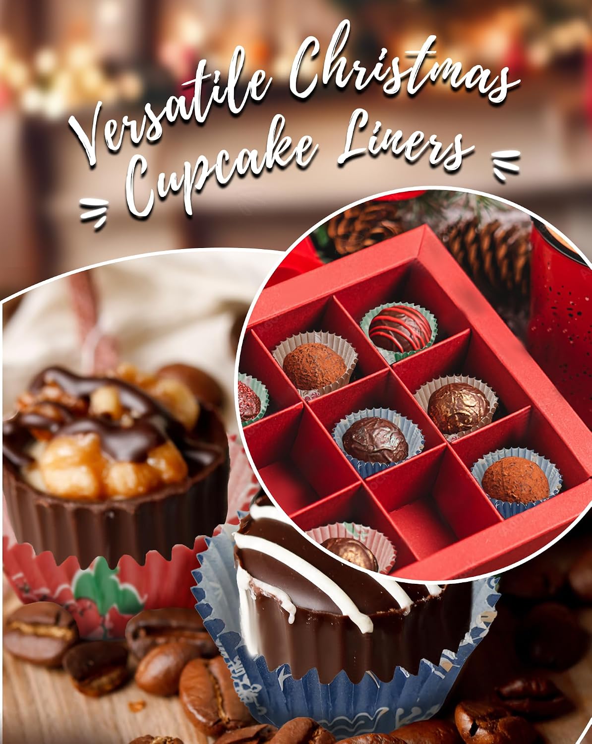 Bake Choice Christmas Mini Cupcake Liners with 12 Pcs Cupcake Toppers, 400 Pcs Muffin Liners, Cupcake Wrappers, Mini Cupcake Liners for Xmas Party, Christmas Holiday — product details