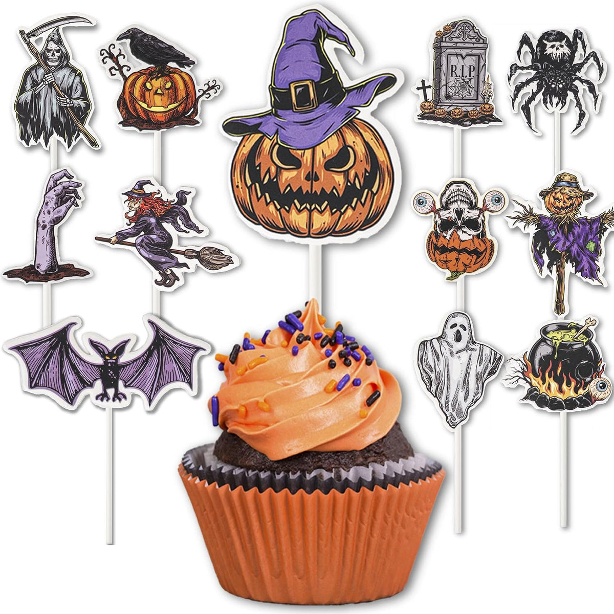Bake Choice 24 PCS Halloween Cupcake Toppers, Cake Decorations, Ghost Cupcake Toppers, Cupcake Decorations Picks for Theme Party, Bat Birthday, Baby Shower — main product image