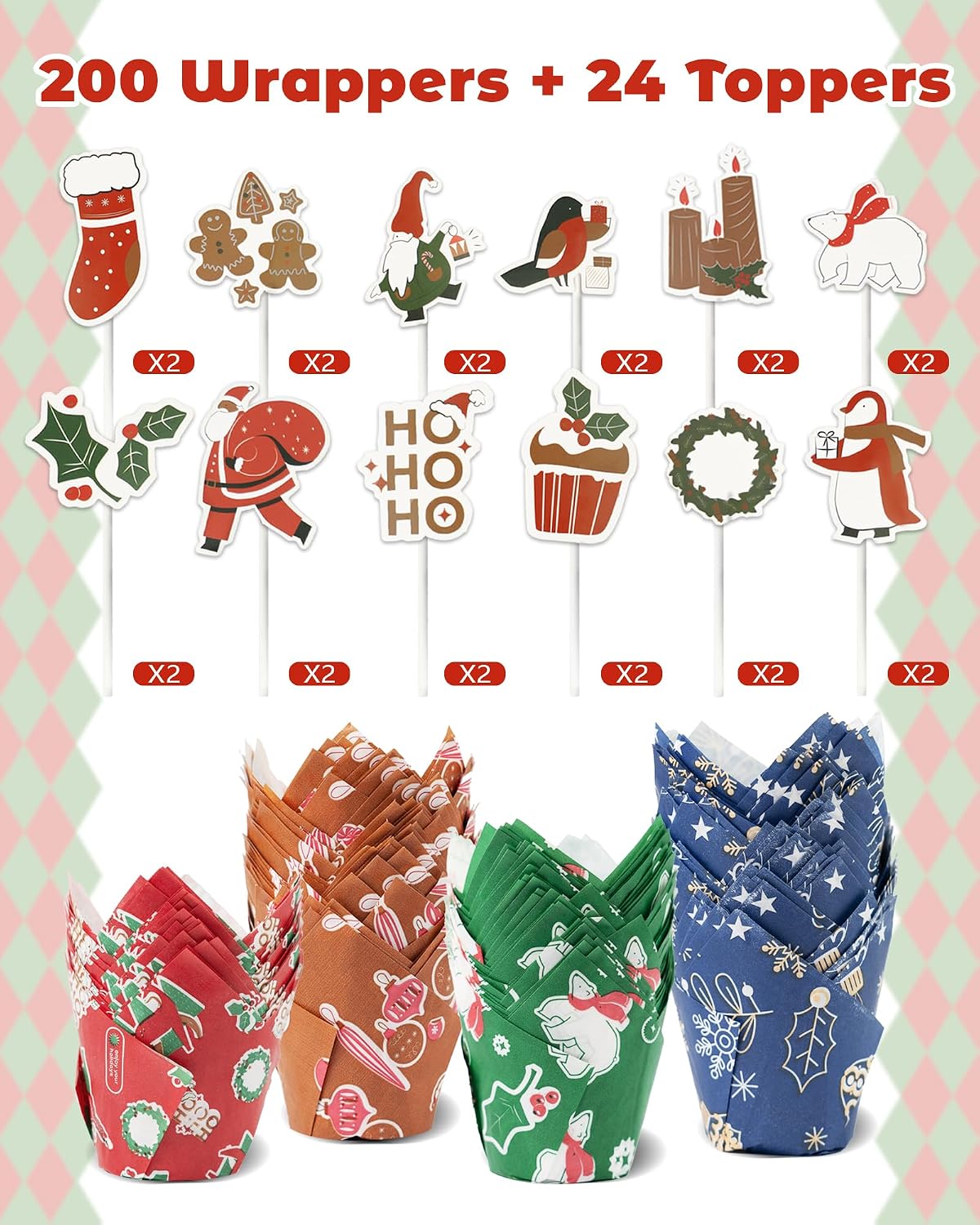 Bake Choice 200 Pcs Christmas Tulip Cupcake Liners with 24 Pcs Cupcake Toppers, Cupcake Liners, Tulip Cupcake Liners for Baking, Standard Tulip Muffin Liners for Christmas Holiday — product details