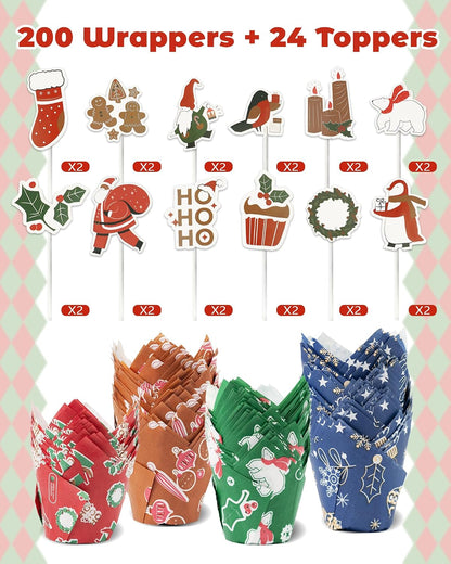 Bake Choice 200 Pcs Christmas Tulip Cupcake Liners with 24 Pcs Cupcake Toppers, Cupcake Liners, Tulip Cupcake Liners for Baking, Standard Tulip Muffin Liners for Christmas Holiday — product details