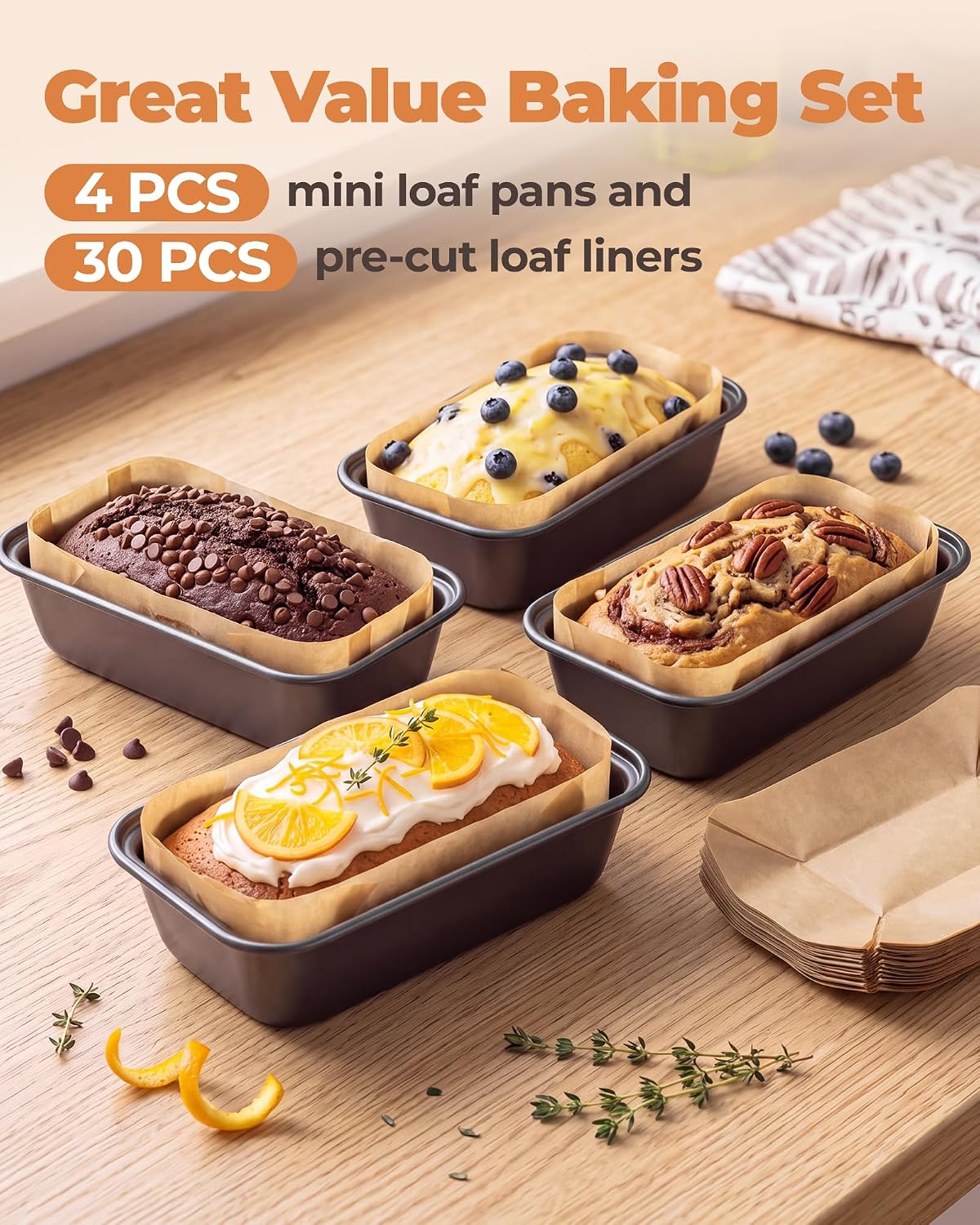 Bake Choice 4 Pack Mini Loaf Pans with 30PCS loaf liners — product details