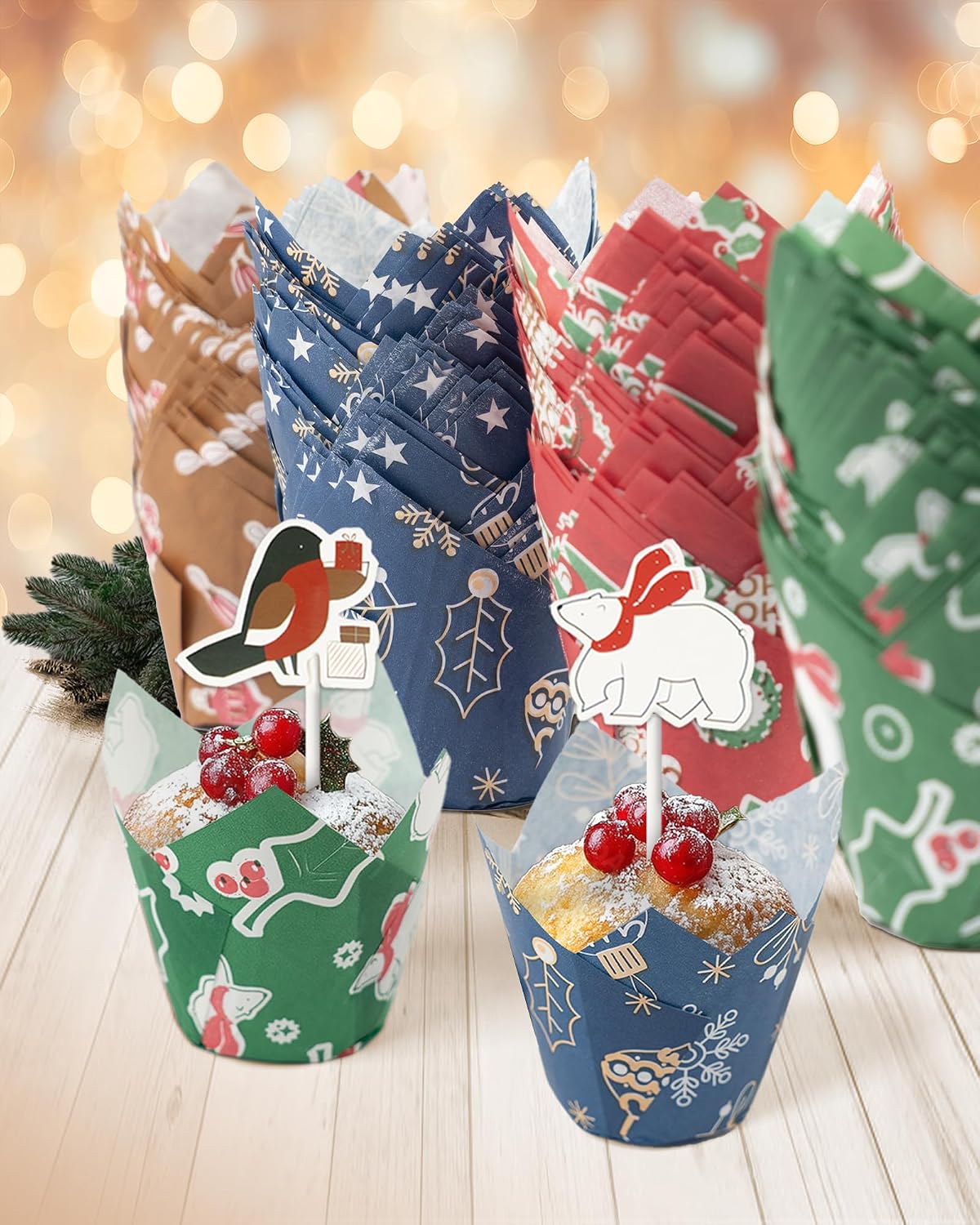 Bake Choice 200 Pcs Christmas Tulip Cupcake Liners with 24 Pcs Cupcake Toppers, Cupcake Liners, Tulip Cupcake Liners for Baking, Standard Tulip Muffin Liners for Christmas Holiday — product details