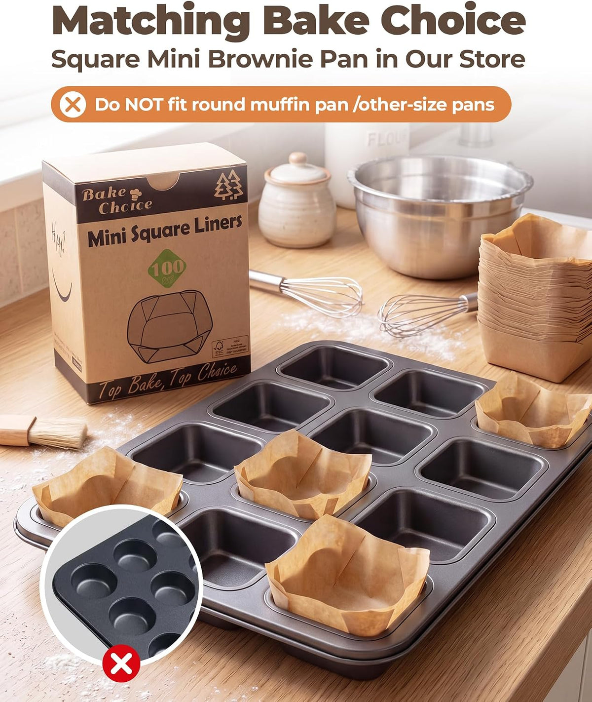 Bake Choice 100Pcs Mini Square Cupcake Liners, Fit for 12 Small Brownie Pan — product details