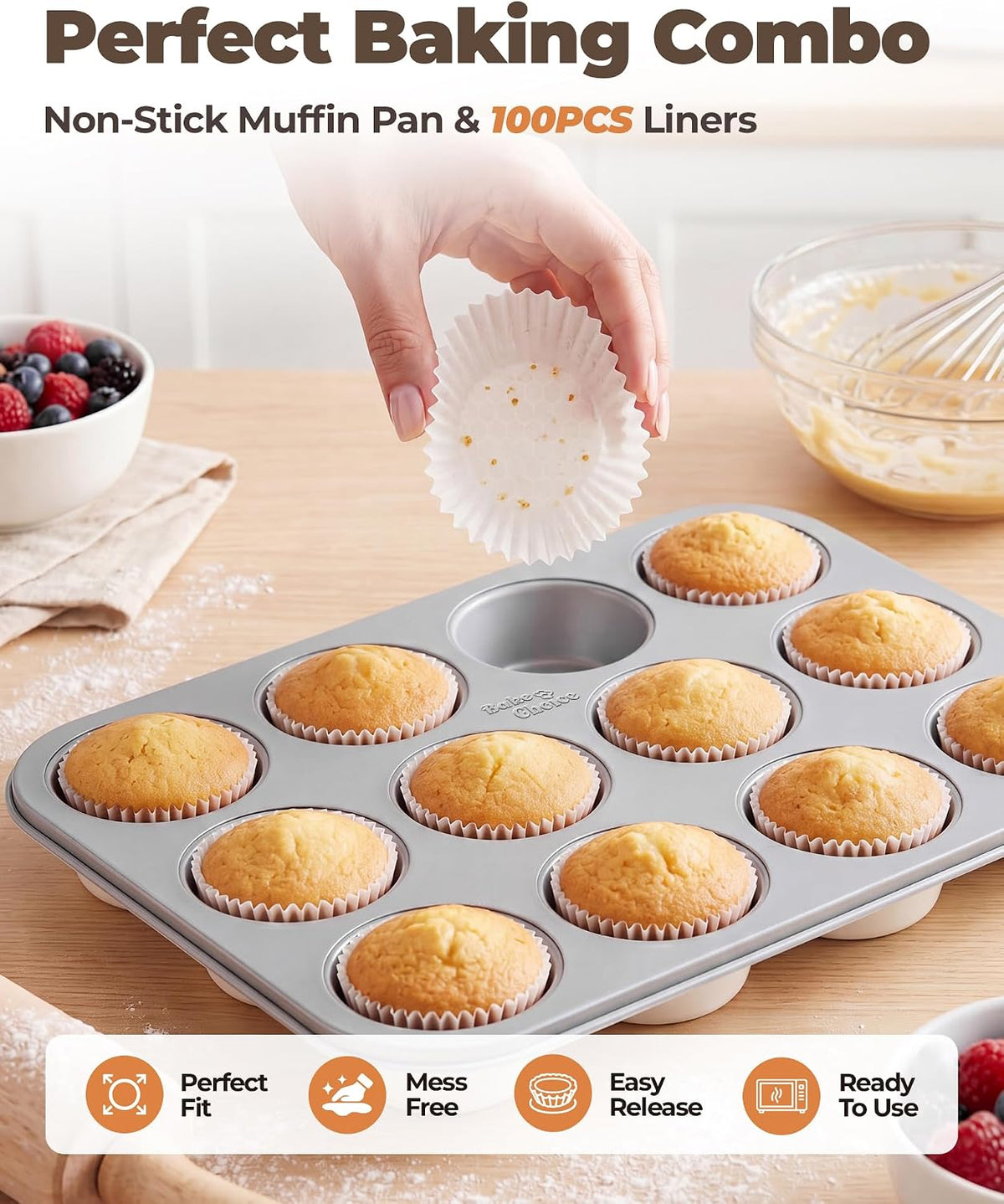 Bake Choice Muffin Pan for Baking, Standard Cupcake Pan, Cream Gray — product details