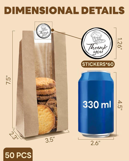 Brew Choice 50 PCS Cookie Bags With Seal, Kraft Brown Paper Bags with Stickers, Bakery Bags for Snack, Cupcake, Cookie, Coffee Bean, Party Favor, Cookie Packaging, 3.5"x 2.3"x7.5"