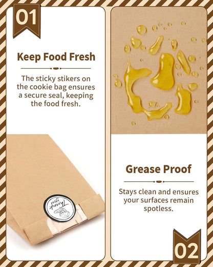 Brew Choice 50 PCS Cookie Bags With Seal, Kraft Brown Paper Bags with Stickers, Bakery Bags for Snack, Cupcake, Cookie, Coffee Bean, Party Favor, Cookie Packaging, 3.5"x 2.3"x7.5"