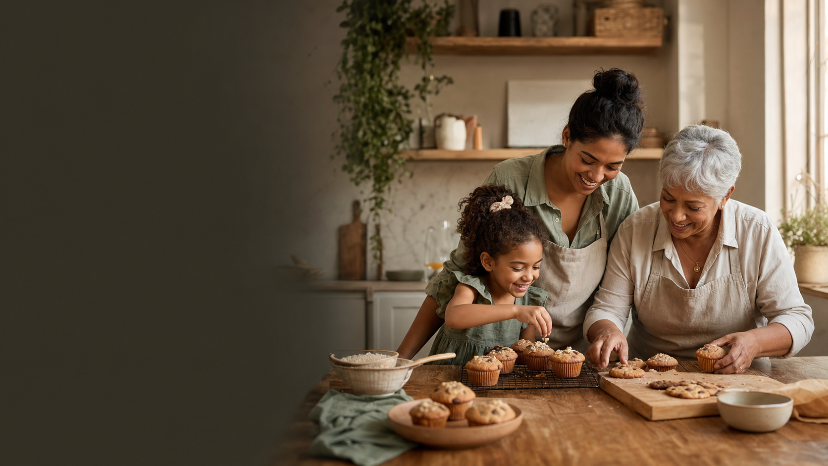 Three generations baking together in a warm home kitchen