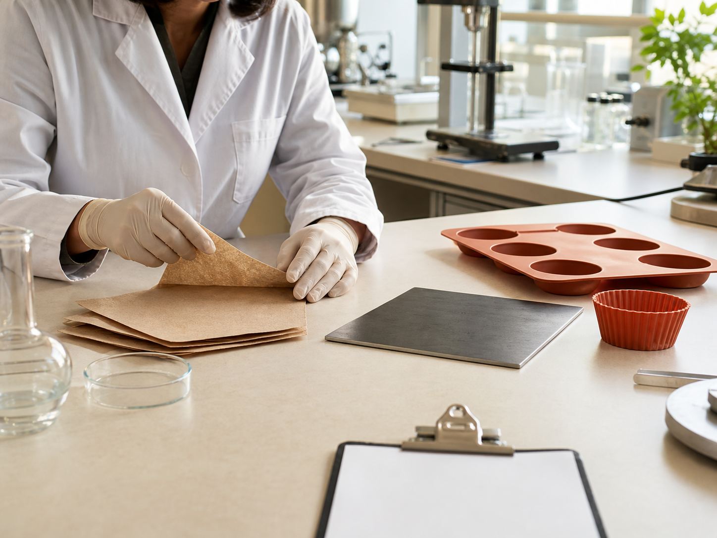 A specialist evaluating baking materials in a laboratory